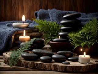 Fototapeta na wymiar Beauty Spa Tranquility - Wooden Background, Towel, Candles, and Hot Stone Set the Stage for One-Person Massage Therapy with Candle Light