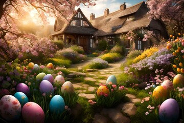A picturesque scene of a country garden filled with Easter eggs and blooming flowers, radiating...