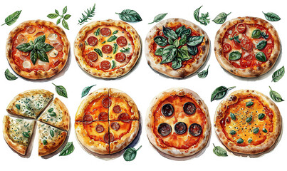 watercolor pizza stickers white background