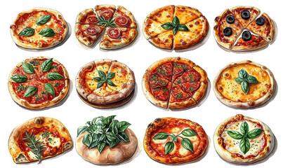 watercolor pizza stickers white background