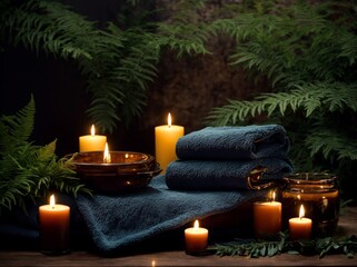 Obraz na płótnie Canvas Candlelit Tranquility Haven - Beauty Spa Treatment with Towel, Candles, and Hot Stone on Wooden Background. Elevate Your Relaxation Experience