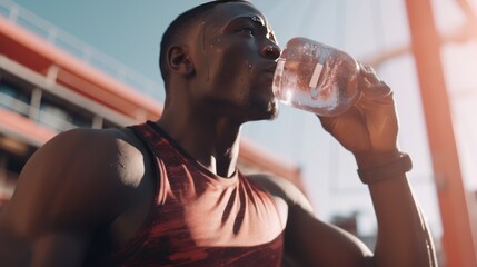Fitness, relax or black man drinking water in training or exercise for body recovery or workout in Chicago, USA. Hydration, thirsty or tired healthy sports athlete drinks natural liquid. - obrazy, fototapety, plakaty