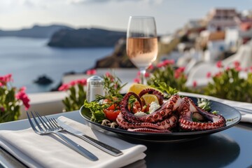 Santorini Delight: Grilled Octopus Tentacles with Lemon and Herbs, Accompanied by a Tomato and Feta...