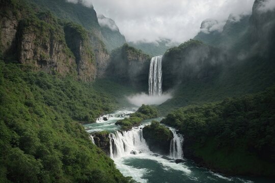 A magnificent waterfall with foggy clouds and rich vegetation surrounding it, plunging down a rocky cliff