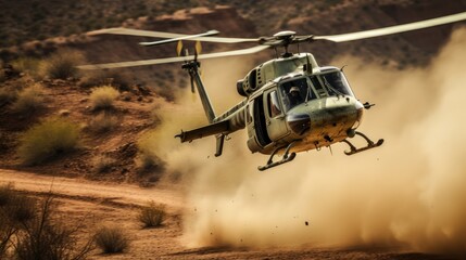 Graceful flight of a helicopter over the barren desert.