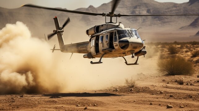Helicopter navigates the vastness of the desert.
