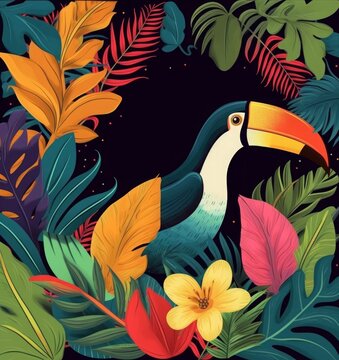  colorful illustration with tropical flowers, leaves and toucan. Brazil tropical pattern, Generative AI 