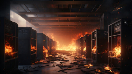 3d illustration of a burning server room
