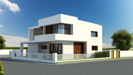 Modern minimalist white two-story house with flat roof, large windows, and glass balcony railing, featuring a clean architectural design under a bright blue sky, ideal for real estate