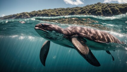 Naklejka premium A depths of the ocean with a stunning image of a majestic marine creature swimming gracefully through the crystal clear waters