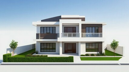 Fototapeta premium Modern two-story white house with dark windows, balconies, green lawn, and hedges under a clear blue sky, ideal for real estate, architecture, or home design projects.