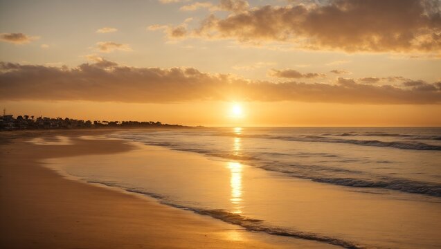 The beach is bathed in a tranquil, golden light as the sun sets, producing a soothing and lovely setting. © HEAVEN LIFE
