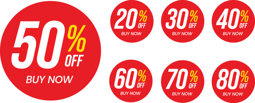 Different percent discount sticker discount price tag set. Red round shape promote buy now with sell off up to 20, 30, 40, 50, 60, 70, 80 percent vector illustration isolated on white.