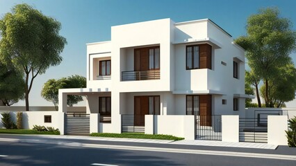 Fototapeta premium Modern minimalist white two-story house with flat roof, brown windows, and attached carport on a sunny day, ideal for real estate and architectural design projects