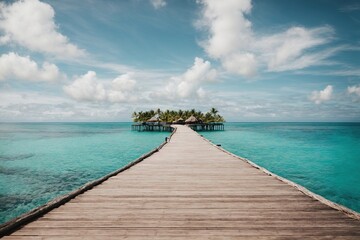 The perfect backdrop for summer travel and vacation is a stunning tropical location. enormous expanse of sky filled with white clouds, a wooden pier leading to an island in the water, and 