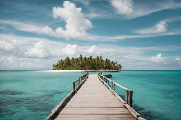 A gorgeous tropical setting is the ideal backdrop for summer travel and vacation. vast view, a wooden pier leading to an island in the ocean, and a huge blue sky with white clouds 