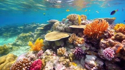 Naklejka na ściany i meble Exploring Tropical Ocean Coral Reefs: Scuba Diving Adventures in Caribbean, Fiji, and Maldives. Underwater Wonders.