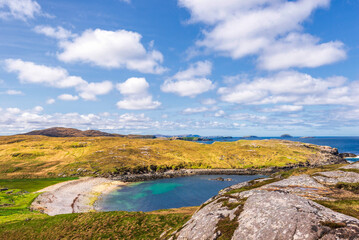 Obraz premium views of the gearrannan blackhouse village, and the area surrounding it, Isle of Lewis, Scotland