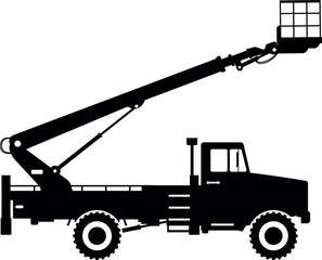 Silhouette of Aerial Work Platform Bucket Truck Icon in Flat Style. Vector Illustration