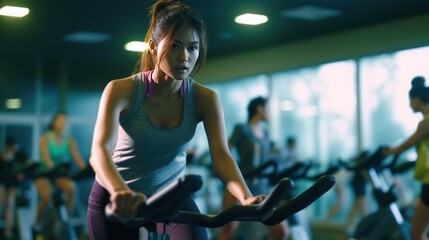 Exercise bike cardio workout at fitness gym.Asian women doing sport biking in the gym for fitness in the morning.Fitness,Gym ,healthy lifestyle concepts. - obrazy, fototapety, plakaty