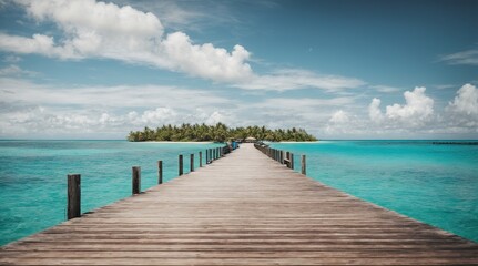 Perfect backdrop for summer travel and vacation: a stunning tropical environment. Enormous blue sky with white clouds, wooded pier leading to an island in the water, expansive vista  - obrazy, fototapety, plakaty