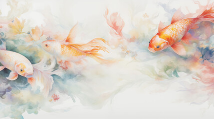 Colorful koi fish swim in tranquil pond. Abstract pastel painting background