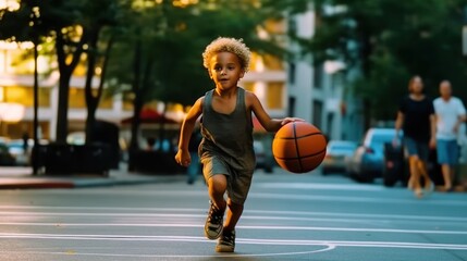 Dribbling small boy plays basketball. Focused cute boy athlete leads the ball in a game of basketball. A boy plays basketball after school. - obrazy, fototapety, plakaty
