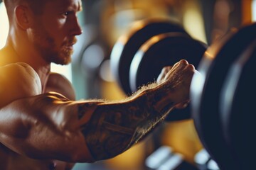Obraz premium Strength in Detail: A Fitness Enthusiast Dedicates to a Gym Workout, Lifting Weights with Determination at a Well-Equipped Gym, Focusing on Altering the Body's Strength.