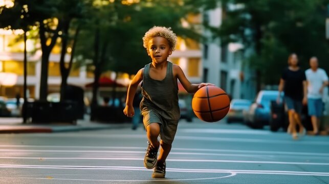 Dribbling small boy plays basketball. Focused cute boy athlete leads the ball in a game of basketball. A boy plays basketball after school.