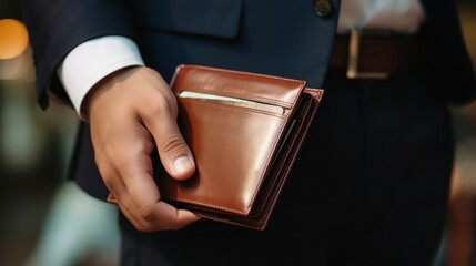 Businessman holding wallet in his hands.