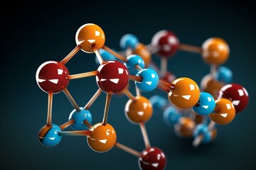 3D rendering of baclofen drug molecule with colored spheres representing hydrogen, carbon, nitrogen, oxygen, and chlorine atoms. Generative AI