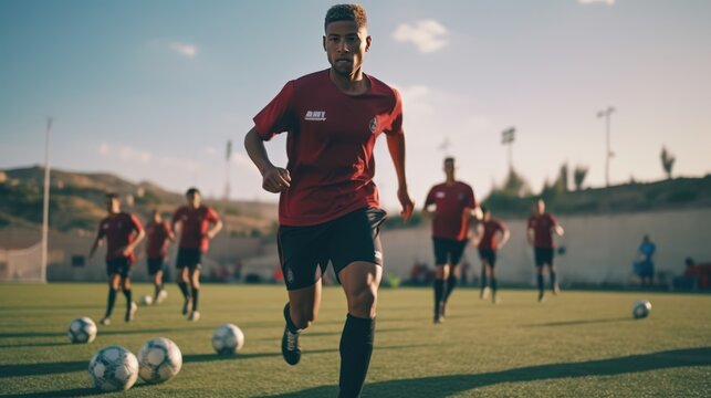 Determined soccer trainer leading intense training session on amateur field. Young soccer player practicing ball control on training session.