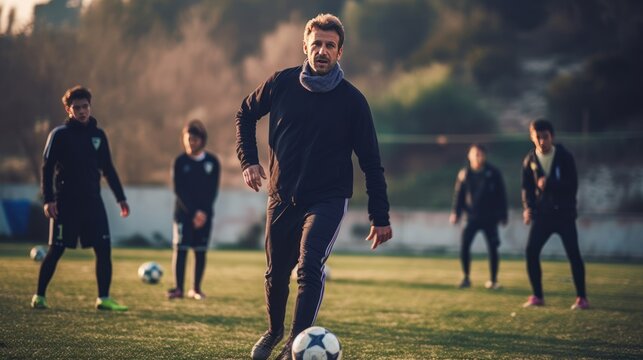 Determined soccer trainer leading intense training session on amateur field.