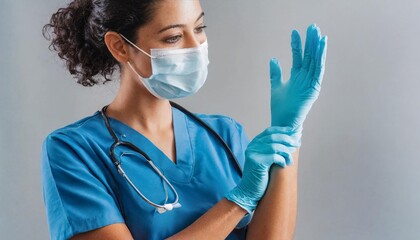 Female nurse with a face mask putting on gloves - 713956102