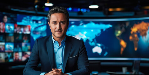 Confident male news anchor reporting live from the broadcasting studio with a world map background, representing global news coverage