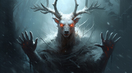 A snowy creature with red eyes and a deers head - obrazy, fototapety, plakaty