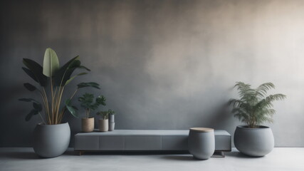  Interior background of room with gray stucco wall and pot with plant 