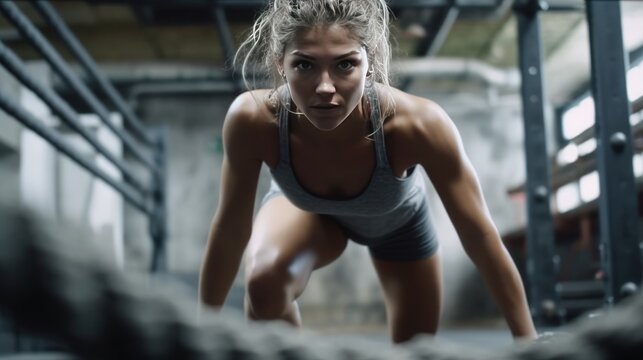 CrossFit training. Young athletic woman with perfect body doing crossfit exercises with a rope in the gym.