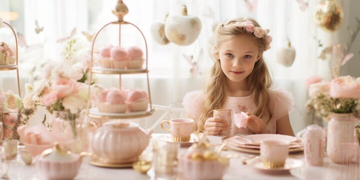 Design an ethereal tea party setting with delicate pink tea cups and rose gold accents. Integrate motherly fairy figures hosting the tea party, surrounded by fairy children in charming attire,