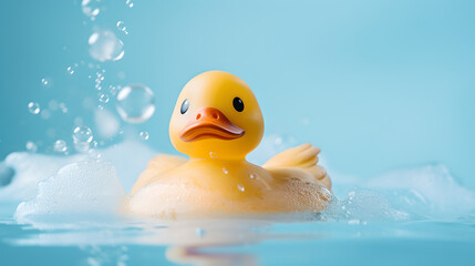 close up of serious looking yellow rubber duck swimming in water  before a light blue background with soap bubbles