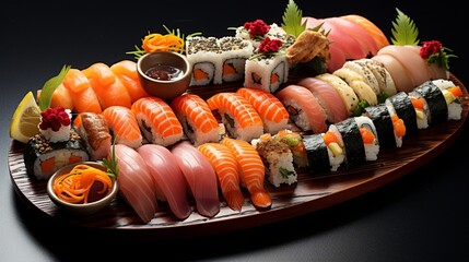 Artfully arranged sushi platter with a variety of nigiri and maki rolls.