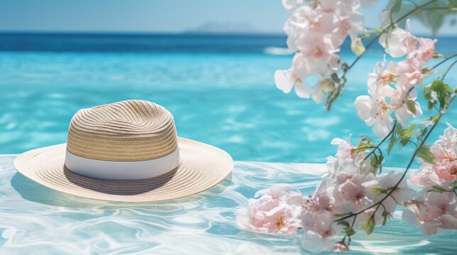 Summer hat floating on swimming pool with pink flowers and blue water background