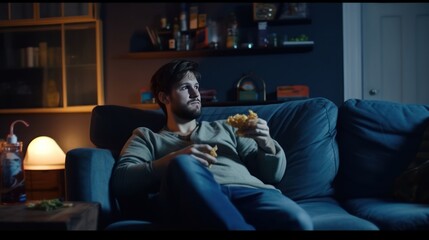 Caucasian young guy sitting on sofa at night in dark living room, eating potato chips and drinking beer. Male football fan is angry as favorite team loosing or missing goal. - obrazy, fototapety, plakaty