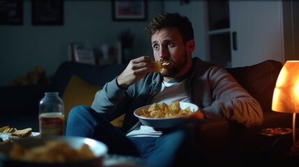 Caucasian young guy sitting on sofa at night in dark living room, eating potato chips and drinking beer. Male football fan is angry as favorite team loosing or missing goal. - obrazy, fototapety, plakaty