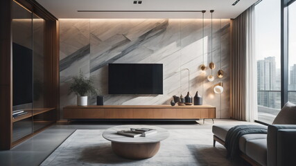 Interior of living room with wooden sideboard over granite wall