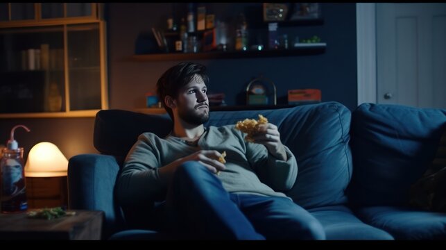 Caucasian young guy sitting on sofa at night in dark living room, eating potato chips and drinking beer. Male football fan is angry as favorite team loosing or missing goal.