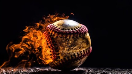 Burning baseball, black background. baseball at high speed catching fire and burning
