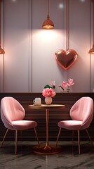 Develop a stylish coffee shop background with modern furniture, rose gold accents, and couples enjoying a trendy Valentine's Day date. create a realistic photo, UHD 32k,