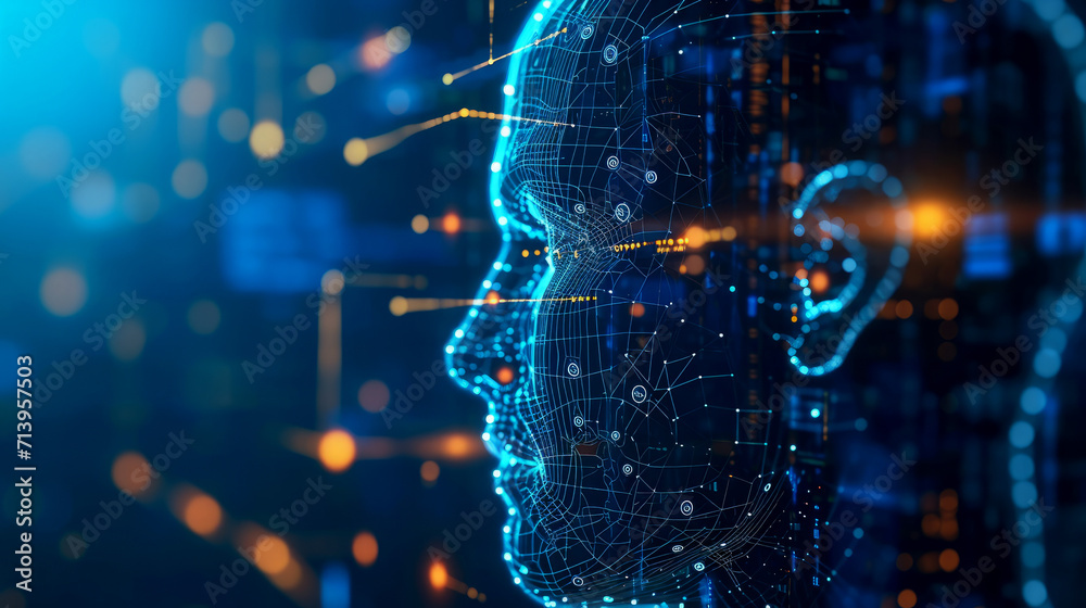Poster side profile of a futuristic artificial intelligence computer head with glowing lines and data