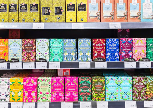 LATVIA, RIGA, 10, JANUARY, 2024: A large assortment of PUKKA  teas on the shelves of a hypermarket in Riga. Latvia. PUKKA produces organic ayurvedic and herbal teas. 